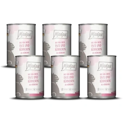 Abbildung von MjAMjAM Premium Nassfutter für Katzen DUO von zarter Ente &amp; saftigem Hühnchen an Möhrchen, 6er Pack (6 x 400 g), getreidefrei mit extra viel Fleisch
