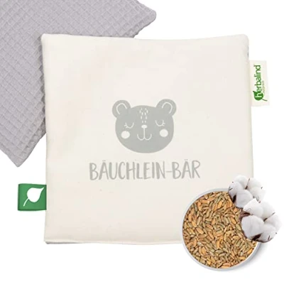 Abbildung von Herbalind Duftendes Bio Wärmekissen für Baby &amp; Kinder Bäuchlein Bär Körnerkissen Kräuterkissen mit Kräutermischung, 100% Baumwolle, 19x19 cm als Geschenke Geburt