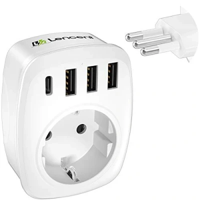 Abbildung von LENCENT Reiseadapter Adapter Schweiz Deutschland Stecker, EU auf IT, Typ L, Reisestecker für Italien Chile Uruguay Syrien Wand Steckdosen, Mit 3 USB/1 C/AC Steckdosenadapter