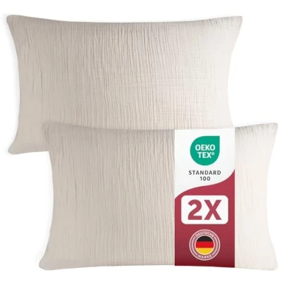 Abbildung von Blumtal Musselin Kissenbezug 40x80 cm im 2er Set Oeko TEX zertifiziertes Kopfkissen Bezug 40 x 80 100% Baumwolle Kopfkissenbezug Grau