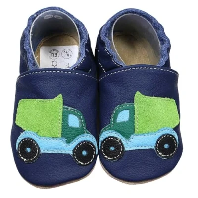 Abbildung von HOBEA Germany Krabbelschuhe für Jungs und Mädchen in verschiedenen Designs, Kinderhausschuhe Jungen, Lederschuhe, Schuhgröße:24/25, Modell Schuhe: LKW dunkelblau