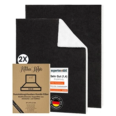 Abbildung von Kitchen Helpis® 2 Dunstabzugshauben Filter mit AKTIVKOHLE &amp; FETTFILTER, Dunstabzugshaube 57x47 cm [zuschneidbar] 2cm dick , Aktivkohlefilter für Dunstabzugshaube, Kombifilter Abzugshaube