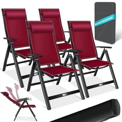 Abbildung von KESSER® Gartenstuhl Hochlehner mit Armlehnen 4er Set Aluminium Klappstuhl Kopfkissen &amp; Cover Campingstuhl 7 Fach Verstellbar Rückenlehne Atmungsaktiv Wetterfest Klappbar Anti Rutsch Bordeaux