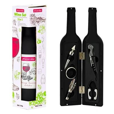 Abbildung von 4BIG.fun Kochbesteck Set Weinzubehör 5 tlg. Geschenkset Weinaccessoires (Weinkorkenzieher, Weinausgießer, Weinkapselschneider, Tropfring, Flaschenverschluss, tlg)