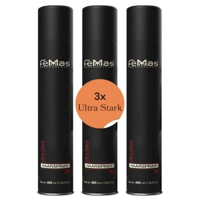 Abbildung von FemMas Haarspray Ultra Stark 400 ml I Stylingspray für Volumen &amp; Glanz Haar Spray starken Halt natürliches Finish ohne Verkleben Strong Hairspray alle Haartypen 3 Stück