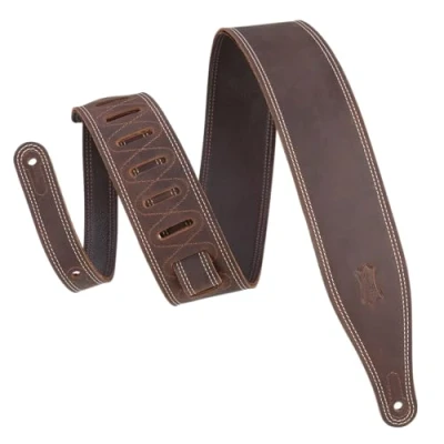 Abbildung von Levy&#039;s Leathers Butter M17BDS DBR Gitarrengurt aus Leder, Doppelnähte, 6,3 cm breit, Deluxe Serie, Dunkelbraun