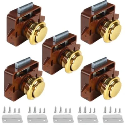 Abbildung von Schlüssellos RV Schrankschlösser mit Groß Push Button, ABS Cabinet Catch Verriegelung für Wohnmobile Wohnmobil Anhänger Wohnwagen Van Yachten Boote (Gold 5 Stück)