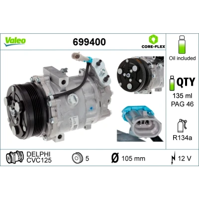 Abbildung von VALEO 699400 Kompressor CVC125 12 PAG 46 R 134a mit Kompressoröl NEW ORIGINAL PART OPEL: Astra G CC