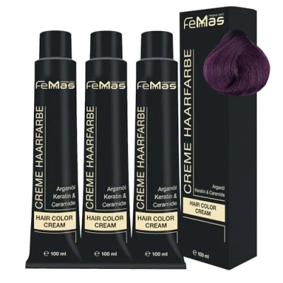 Abbildung von FemMas Haarfarbe 3x Mittelblond Violett Intensiv 7.22 I Professionelle Creme mit Arganöl, Keratin &amp; Ceramiden dauerthafte Haarfärbung oder Tönung für strahlende Farbergebnisse 100 ml