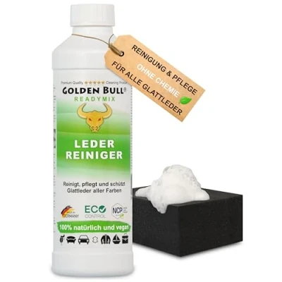 Abbildung von Golden Bull® Lederreiniger &amp; Lederpflege für Ledercouch 500ml + Schwamm [STARK VEGAN OHNE Chemie] Leder Reiniger mit natürlichem Kokosöl Reinigung Pflege von Ledersofa Auto Couch Sofa