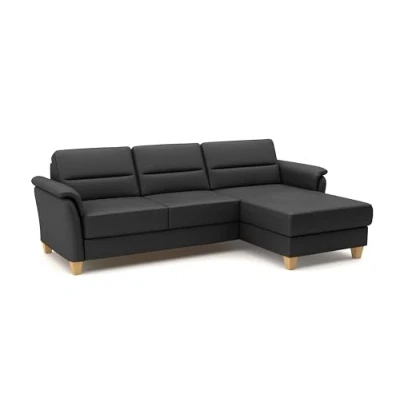 Abbildung von CAVADORE Leder Eckcouch Palera mit Longchair / Landhaus Sofa Federkern + massiven Holzfüßen 244 x 89 163 Schwarz