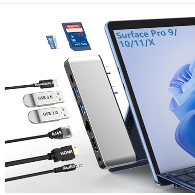 Abbildung von Surface Pro 11 10 9 Docking Station mit 4K HDMI, Thunderbolt 4(8K Video+40 Gbps+100W Leistung),100M RJ45, 2 USB 3.0, SD TF Kartensteckplatz, 3,5mm Audio, 11/10/9/X Zubehör
