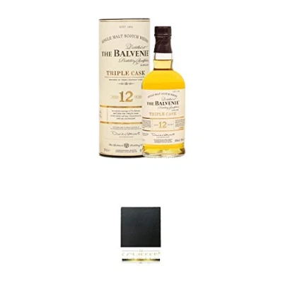 Abbildung von Balvenie 12 Jahre Triple CASK Single Malt Whisky 0,2 Liter (Halbe) + Schiefer Glasuntersetzer eckig ca. 9,5 cm Durchmesser