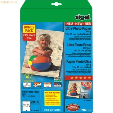 Abbildung von Sigel Fotopapier 10x15cm 260g/qm glossy VE=20+4 Blatt