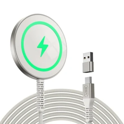 Abbildung von ESR HaloLock Mini kabelloses Ladegerät, kompatibel mit MagSafe für iPhone 16/15/14/13 Serie, Airpods 4, verstärktes Nylonkabel, starker Magnetverschluss, Natürliches Titan