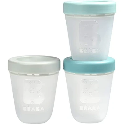 Abbildung von BÉABA Aufbewahrungsbehälter für Babynahrung aus Silikon 3er Set 100 % Luftdicht Platzsparend stapelbar Einfrieren/Auftauen Mikrowellengeeignet Skalierung 200 ml Jungle