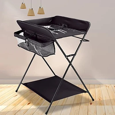 Abbildung von Wickelkombi, Mobiler Wickeltisch Wickelkommode Wickelauflage, Klappbar Baby Wickelauflage mit Sicherheitsgurt und Ablagefächern, platzsparend stabil (Schwarz ohne Räder)