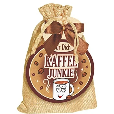 Abbildung von Kaffeesäckchen Kaffee Junkie als Geschenk für Kaffeeliebhaber und Kaffeegenießer. Witzige Geschenkidee mit im Jutesack