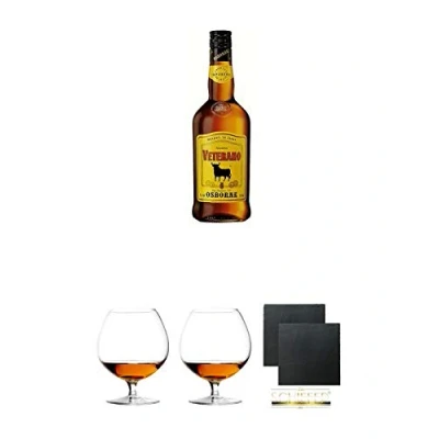 Abbildung von Osborne Veterano Solera 1,0 Liter + Cognacglas/Schwenker Stölzle 1 Stück 103/18 Schiefer Glasuntersetzer eckig ca. 9,5 cm Ø 2