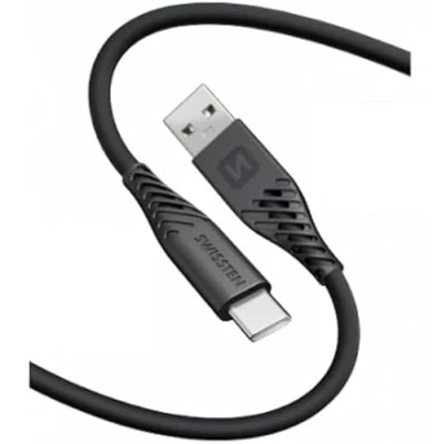 Abbildung von Swissten USB/USB C Kabel aus weichem Silikon Lade und Datenkabel Unterstützt schnelles Laden bis zu 60W 1,5m Schwarz
