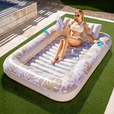 Abbildung von Sloosh 85&quot; x 57&quot;/2.1 1.4m aufblasbarer Sonnenpool Tanning Pool, Luftmatratzte Sonnenbad mit abnehmbarem Kissen,Luftmatratze Wasser für Erwachsene, Sommerspaß, Wasserparty Goldenes Weiß