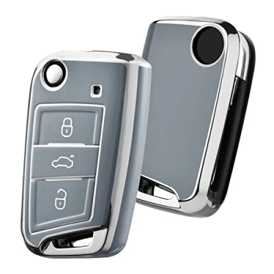 Abbildung von OATSBASF Autoschlüssel Hülle VW, VW Golf 7 Schlüsselhülle, Schlüsselbox Cover für Polo, Skoda, Tiguan, MK7 3 Tasten (Silber Rand Grau)