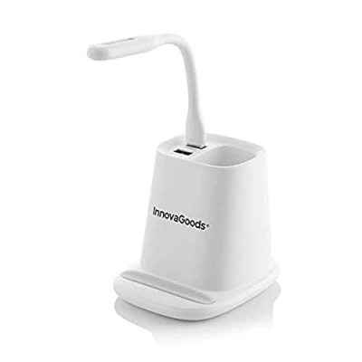 Abbildung von InnovaGoods® Kabelloses Ladegerät mit organisierender Halterung und LED USB Lampe 5 in 1 Desking sorgt für Ordnung schafft eine entspannende Atmosphäre, ideal Zuhause Büro.