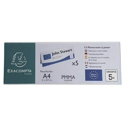 Abbildung von Exacompta 84358D 5er Pack Tisch Namensschilder Querformat DIN A4 gefaltet aus hochwertigem Acryl beidseitig verwendbar UV beständig 30,0x10,5 cm Tischaufsteller Tischschild transparent
