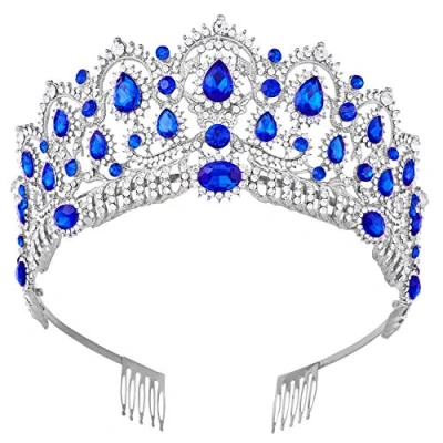 Abbildung von Diadem, Vofler Silberkrone, Barock Stil, Vintage Stirnband, Kristall, blauer Strass, Saphir, Haarschmuck für Frauen, Königin, Damen, Mädchen, Braut, Prinzessin, Geburtstag, Hochzeit, Festzug,