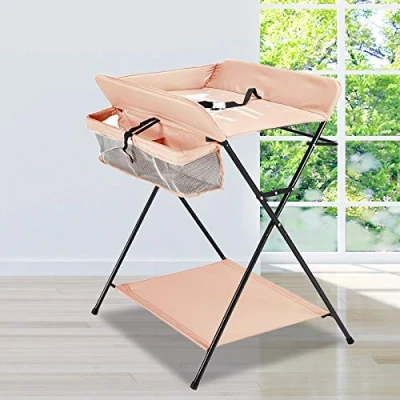Abbildung von Wickelkombi, Mobiler Wickeltisch Wickelkommode Wickelauflage, Klappbar Baby Wickelauflage mit Sicherheitsgurt und Ablagefächern, platzsparend stabil (Khaki ohne Räder)