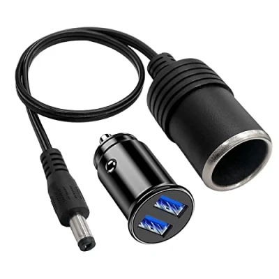 Abbildung von Hoembpn DC 5,5 mm x 2,1 Stecker auf Auto Zigarettenanzünder Buchse Verlängerungskabel Adapter, 12V / 24V Dual USB Port Ladegerät