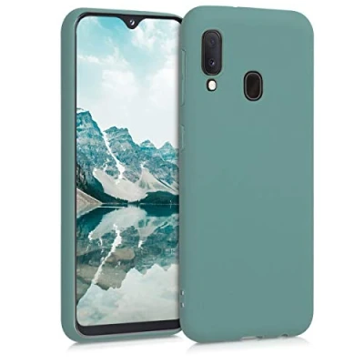 Abbildung von kwmobile Hülle kompatibel mit Samsung Galaxy A20e weiches TPU Silikon Case Cover geeignet für kabelloses Laden Blaugrün