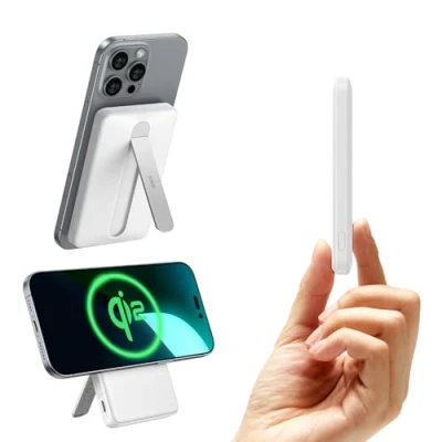 Abbildung von ESR Qi2 Zertifiziertes MagSafe Power Bank, Ständer 5000mAh 15W Schnell Ladendes Tragbares Ladegerät, 1,5cm Ultrakompakte Powerbank, Ladegerät mit USB C Kabel für iPhone 16/15/14/13/12, Weiß