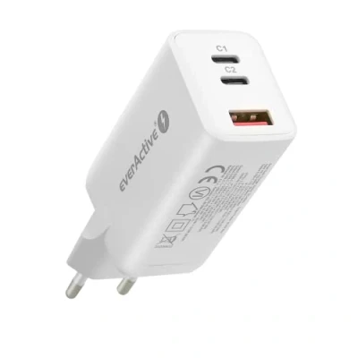 Abbildung von everActive GaN Netzladegerät mit QC4 + USB Buchse und 2X C PD PPS Anschluß, schnelles Laden, Gesamtleistung 65W, solides, einteiliges Gehäuse, Modell SC 650Q