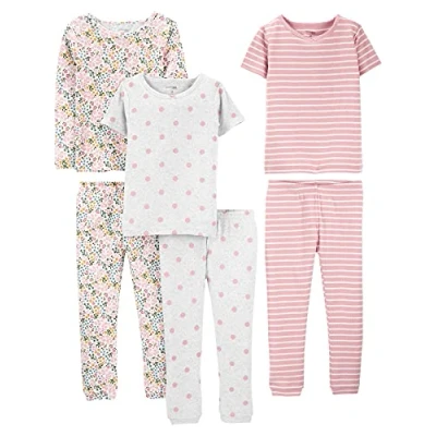 Abbildung von Simple Joys by Carter&#039;s Mädchen 6 Piece Snug Fit Cotton Pajama Set Pyjamaset, Grau Punkte/Rosa Streifen/Weiß Streublumen, 3 Jahre (3er Pack)