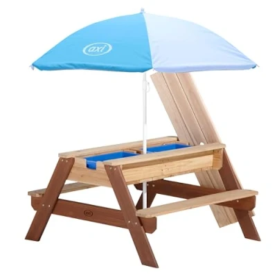 Abbildung von AXI Nick Sand &amp; Wasser Picknicktisch Braun Sonnenschirm Blau/weiß