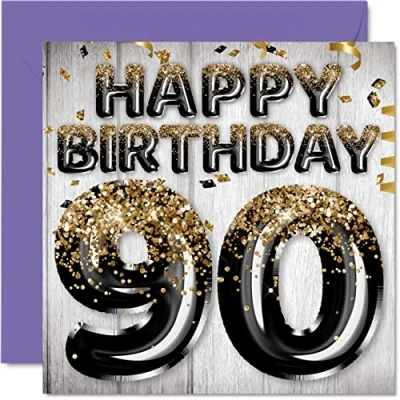Abbildung von Geburtstagskarte zum 90. Geburtstag für Männer schwarze und goldene Glitzerballons Happy Birthday Karten 90 Jahre alten Mann Papa Großvater Opa Oma, 145 mm x Grußkarten Geschenk
