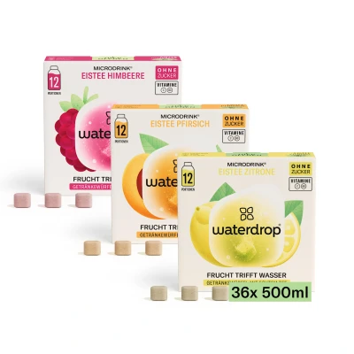 Abbildung von waterdrop® Microdrink Eistee Set 36 Ice Tea Drops Würfel Zero Zucker Pulver 3 fruchtige Sorten: Schwarzer Tee + Pfirsich, Grüner Zitrone, Himbeere Wertvollen Vitaminen