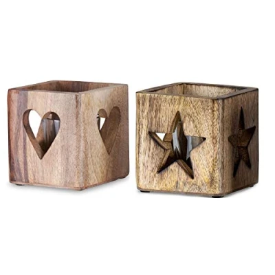 Abbildung von levandeo 2er Set Windlicht Stern Herz 9cm Mangoholz Teelicht Glaseinsatz Teelichthalter Kerze Sternmotiv Herzmotiv Mango Natur Holzdeko