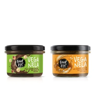 Abbildung von Feel FIT VEGANELA gesalzener Karamellaufstrich &amp; Kakao Haselnuss Aufstrich, ohne Zuckerzusatz, Palmöl vegan, 6er Pack (6 x 200 g)
