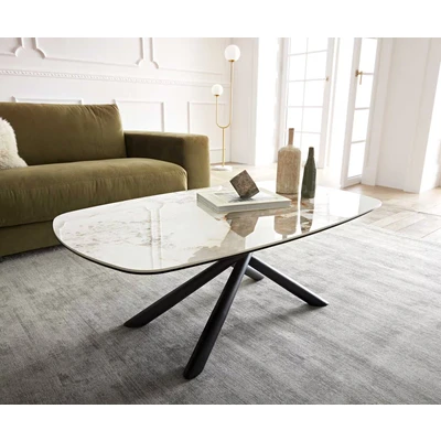 Abbildung von DELIFE Couchtisch Sarita, Keramik Minas Melange Weiß Beige 120x70 cm Gestell Metall Schwarz