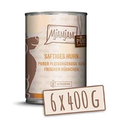 Abbildung von MjAMjAM Premium Nassfutter für Hunde purer Fleischgenuss saftiges Huhn pur 400g, 6er Pack (6 x 400g), naturbelassen mit extra viel Fleisch