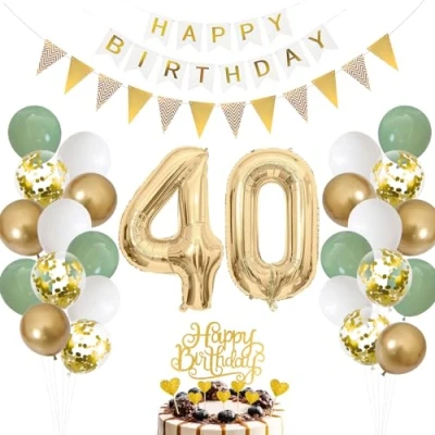 Abbildung von 40.Geburtstag Deko Salbeigrüne, Luftballon 40. Geburtstag Männer Frau, Ballon Grün Weiß Gold, Zahl 40 Folienballon, Tortendeko für Dekoration