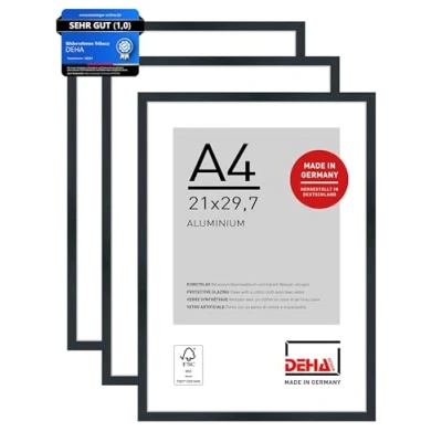 Abbildung von DEHA Design Bilderrahmen, 21 x 29,7 cm (A4) (3er Set), Aluminium, Schwarz matt, Dokumentenrahmen zum Aufhängen im Hoch &amp; Querformat, bruchsicheres Kunstglas, Tribeca