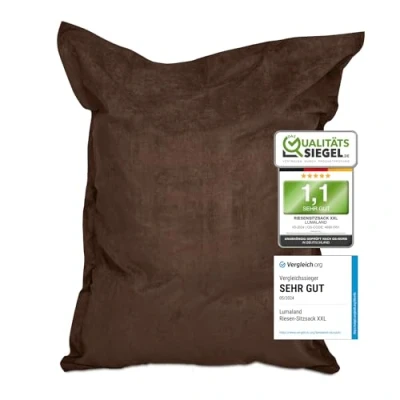 Abbildung von Lumaland Riesen Sitzsack XXL 140x180cm Indoor Bean Bag aus weichem &amp; waschbarem Microvelours 2 in 1 für bequemes Sitzen Liegen Mit über 3 Mio. anpassungsfähigen EPS Perlen [Braun]