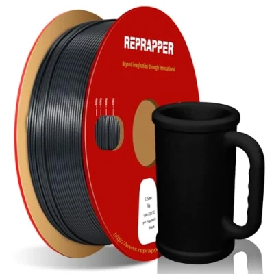 Abbildung von RepRapper PP Filament 1,75 mm (+/ 0,03 mm) Halbflexibles Robustes 3D Drucker 1 kg (2,2 Pfund) Spule für Druck, 5 Stück Bauplatte im Lieferumfang enthalten, Schwarz
