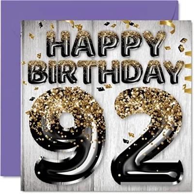 Abbildung von Stuff4 Geburtstagskarte zum 92. Geburtstag für Männer schwarze und goldene Glitzerballons Happy Karten 92 Jahre alten Mann Papa Großvater Opa Gran, 145 mm x Grußkarten Geschenk