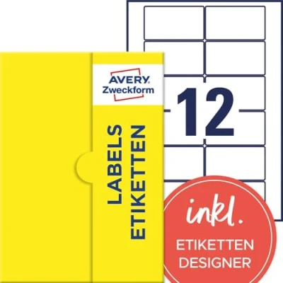 Abbildung von AVERY Zweckform P3463 25 Universal Etiketten (300 Klebeetiketten, 80x45mm auf A4, Papier matt, bedruckbare Produktetiketten, selbstklebende Marmeladenetiketten, individuelle Aufkleber) Blatt, weiß