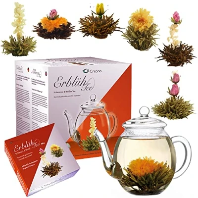 Abbildung von Creano Teeblumen Mix Geschenkset ErblühTee mit Glaskanne 500ml Weißtee &amp; Schwarztee 6 Teekugeln je 3x weißer schwarzer Tee 7 teilig