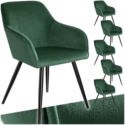 Abbildung von tectake 6er Set moderner Esszimmer Stuhl, Sitzfläche aus Samt, Armlehnstuhl, Sessel Wohnzimmer, gepolsterter Office Chair mit schwarzen Metallbeinen, Schminktisch Stuhl dunkelgrün/schwarz